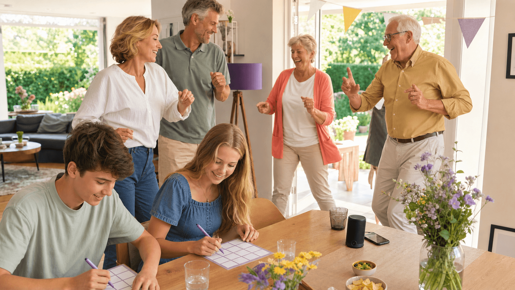 Familie danst tijdens een muziekbingo
