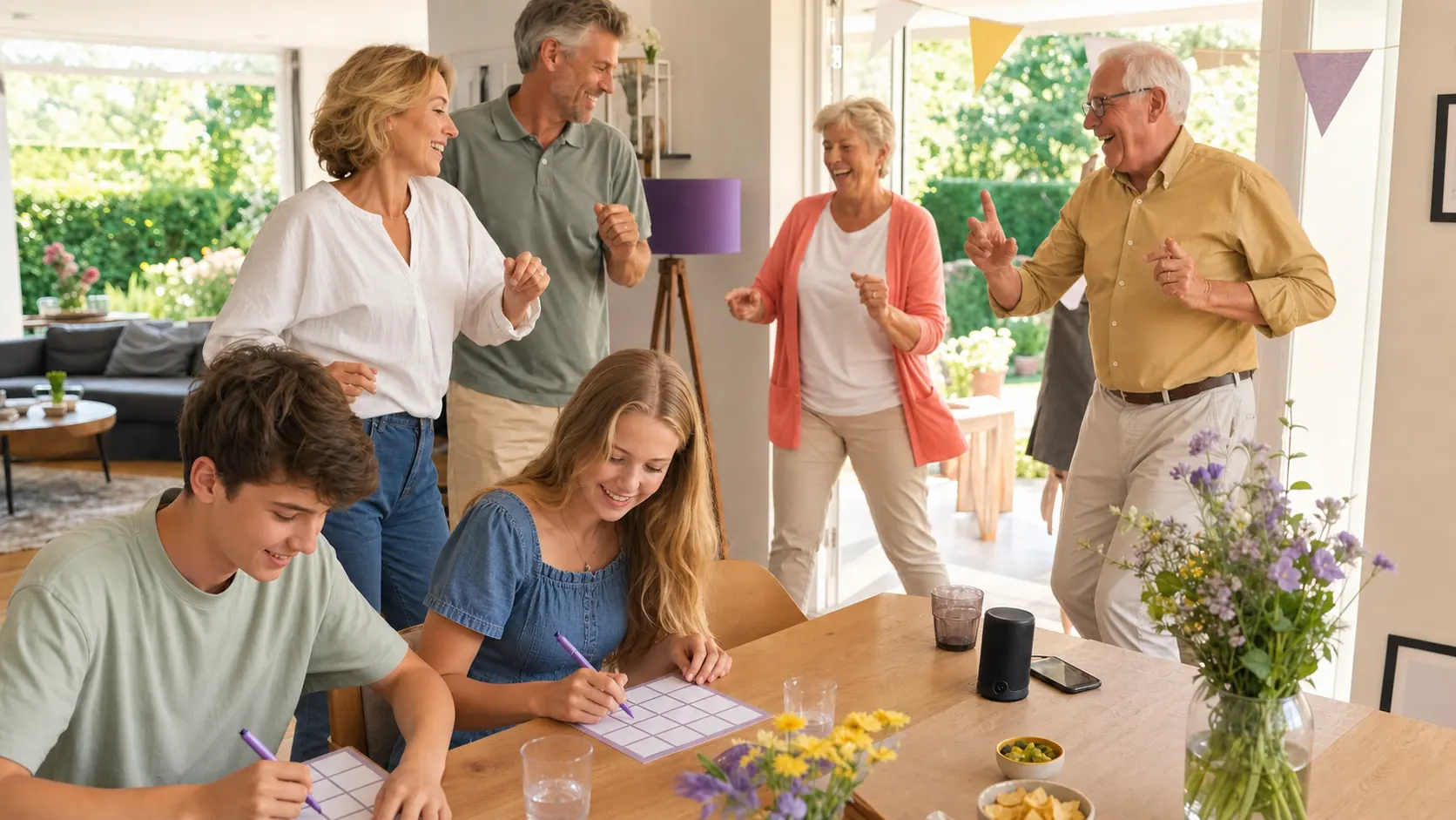 Familie danst tijdens een muziekbingo