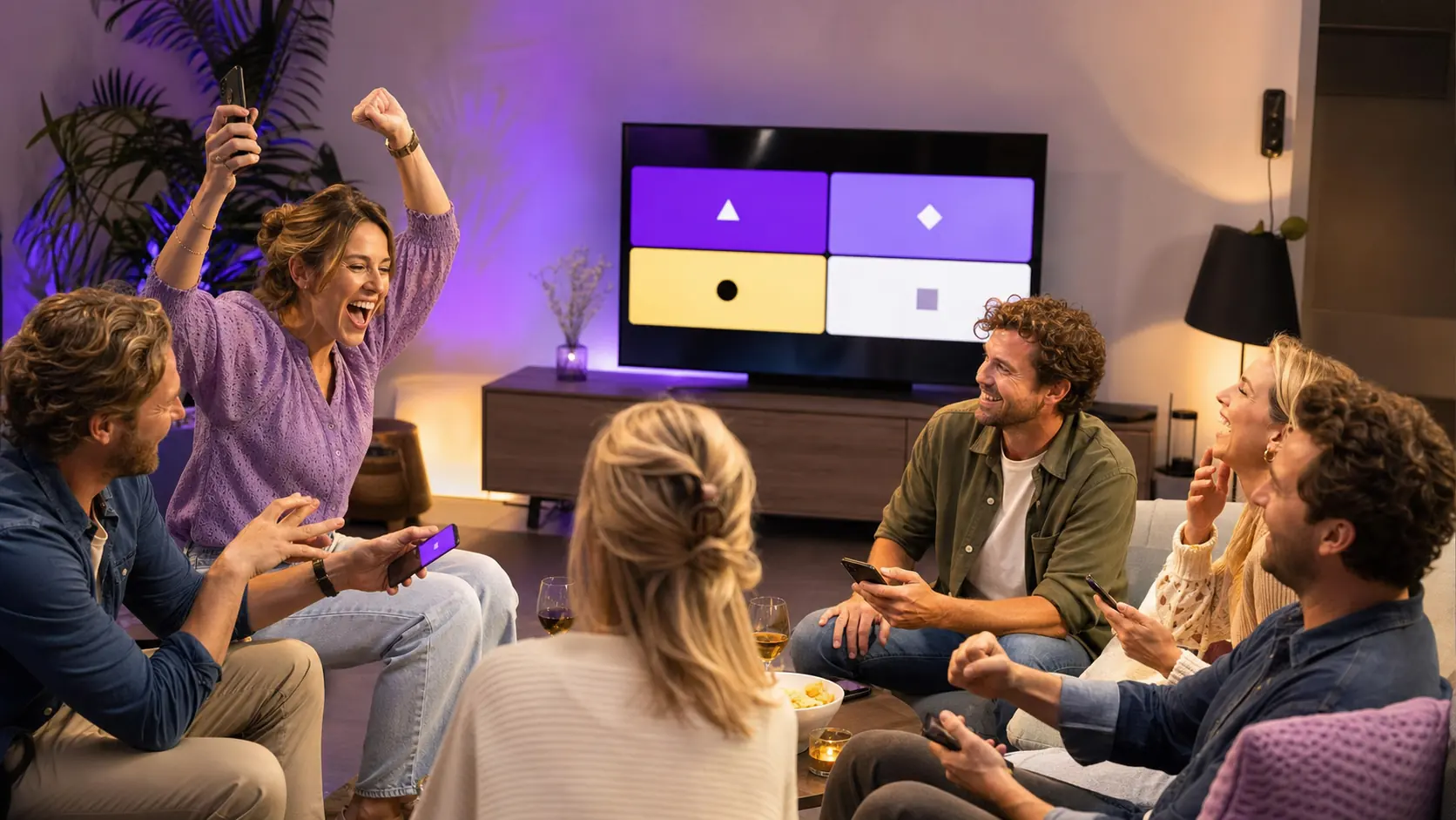 Groep viert de uitslag van een online quiz