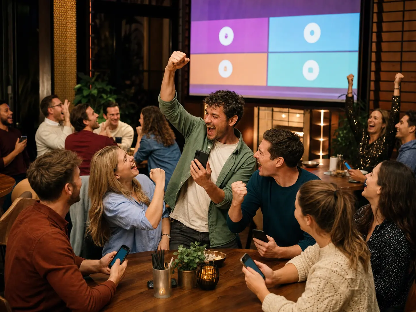 Team viert een goed antwoord tijdens een online pubquiz