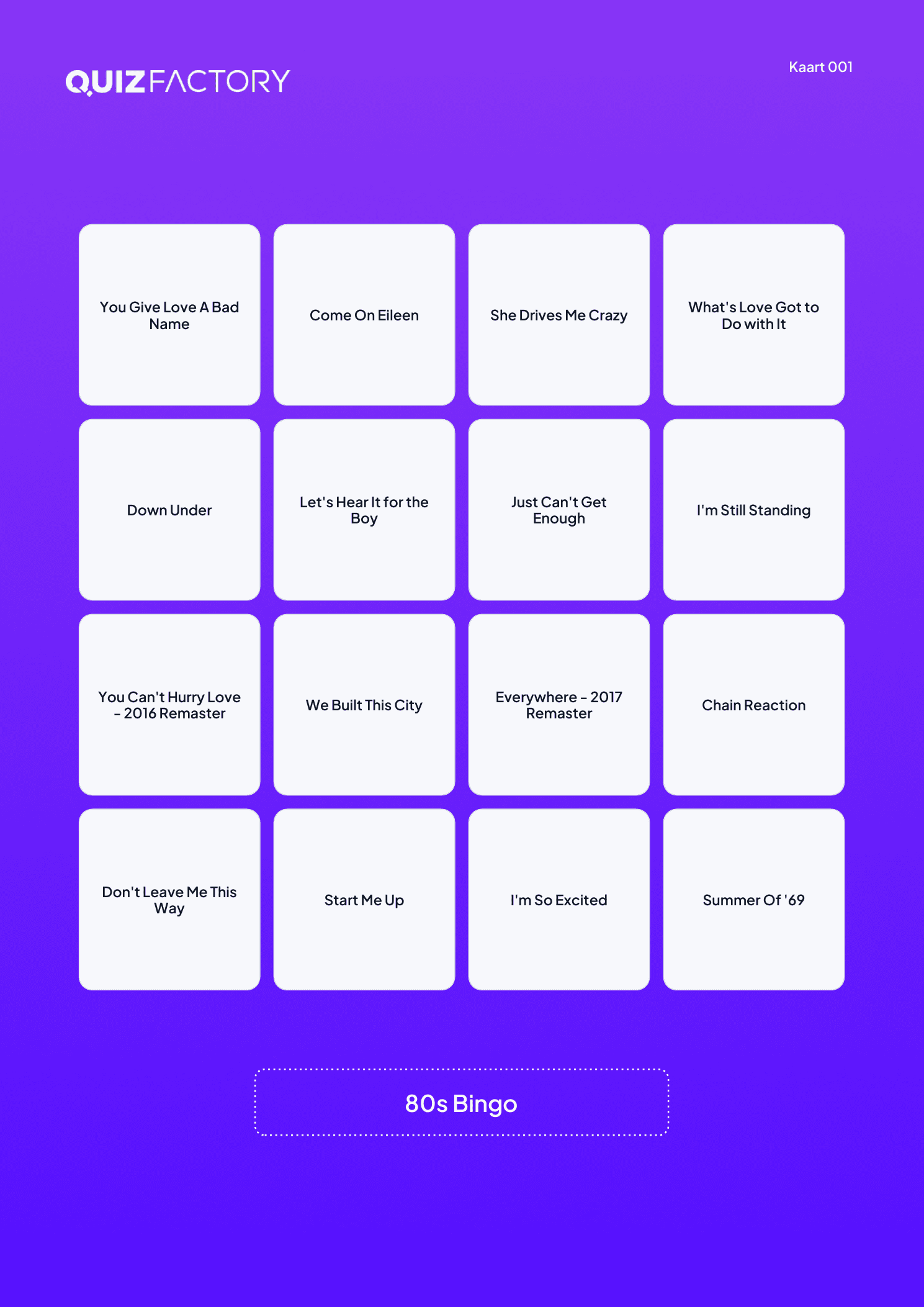 Voorbeeldkaart van 80s Bingo