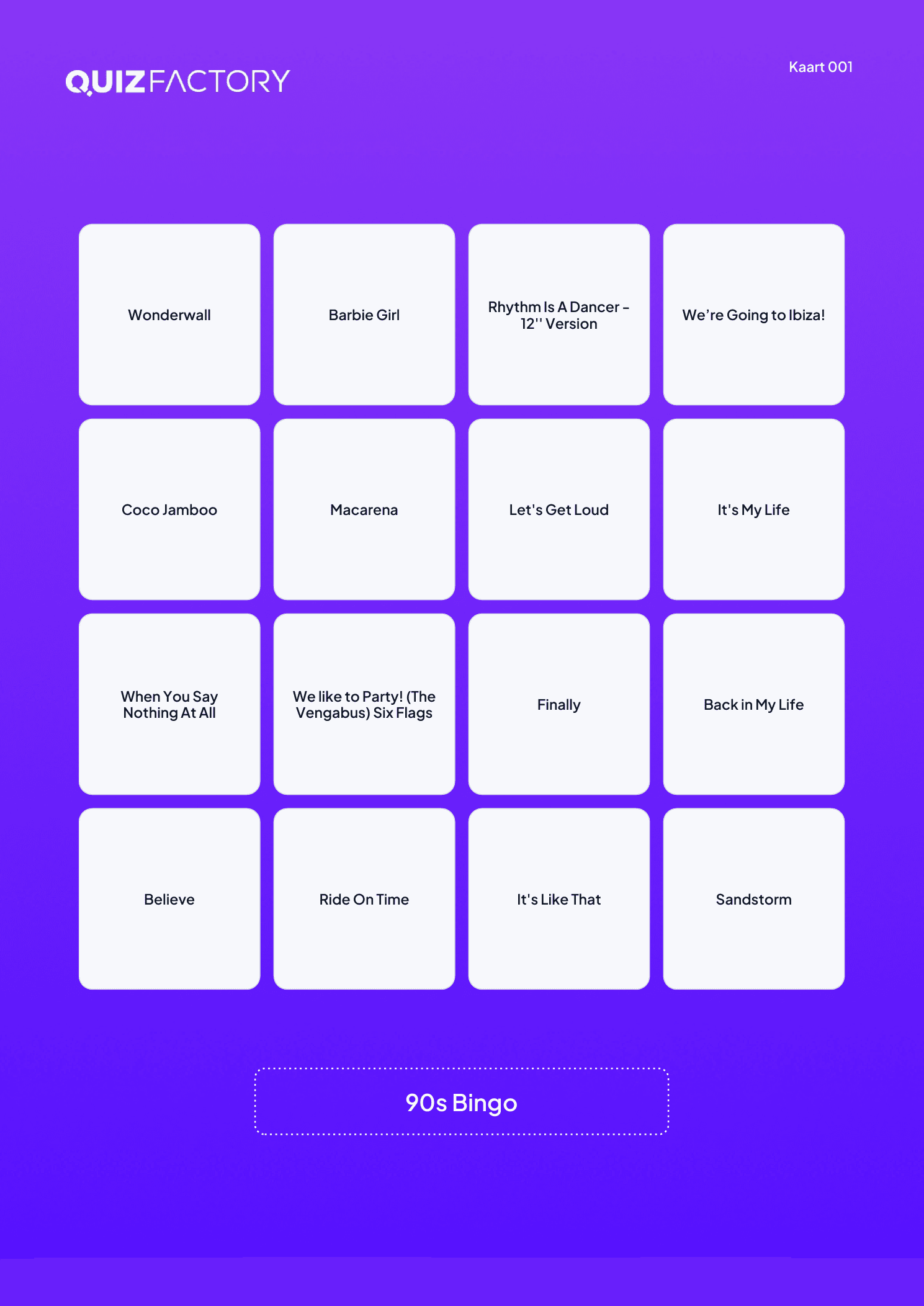 Voorbeeldkaart van 90s Bingo