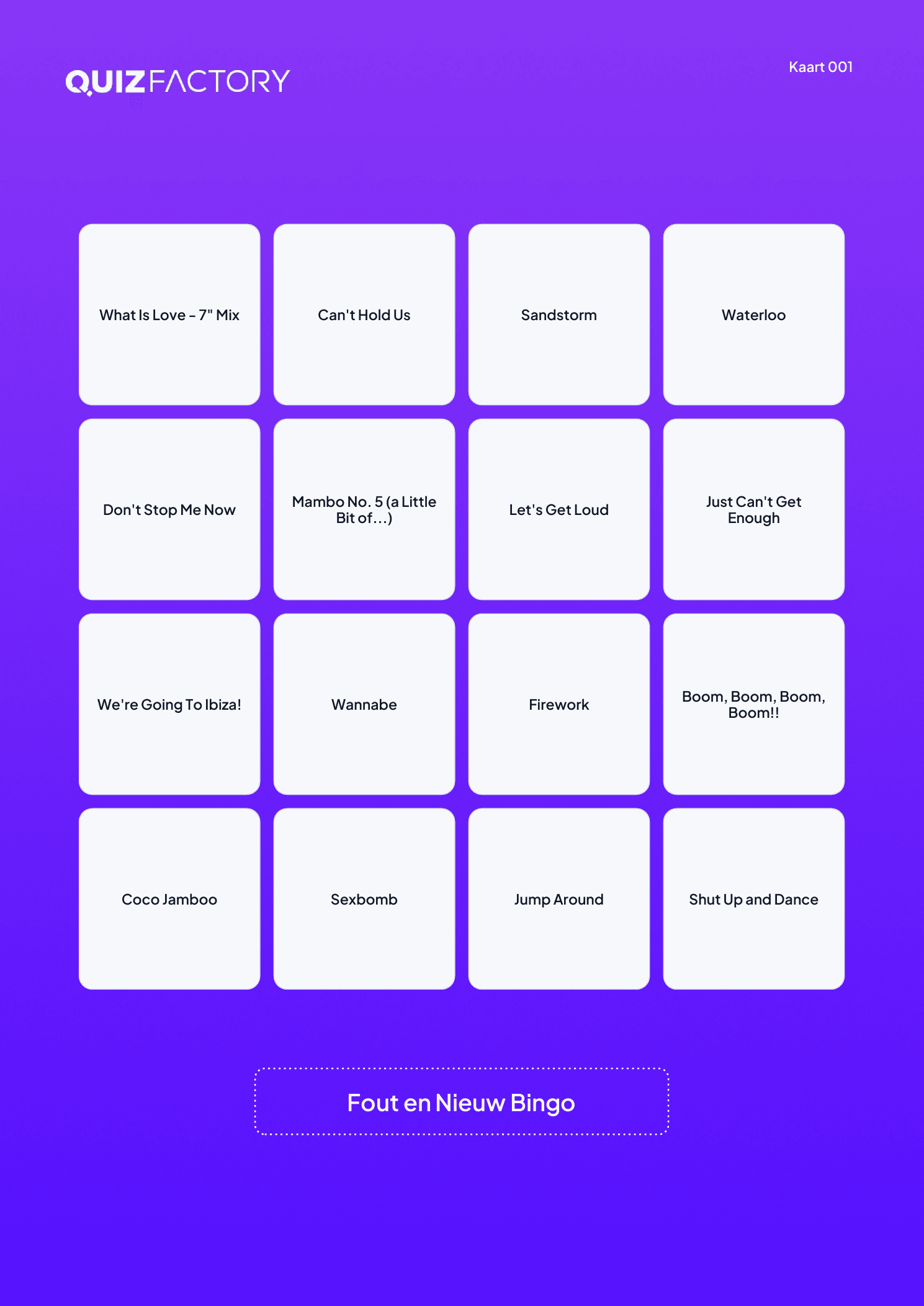 Voorbeeldkaart van Fout en Nieuw Bingo