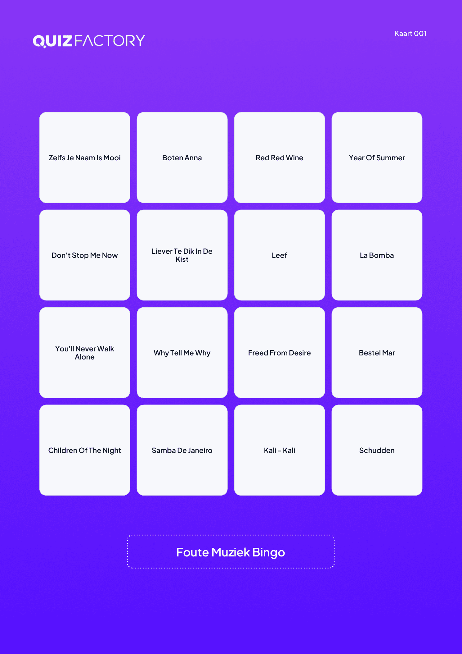 Voorbeeldkaart van Foute Muziek Bingo