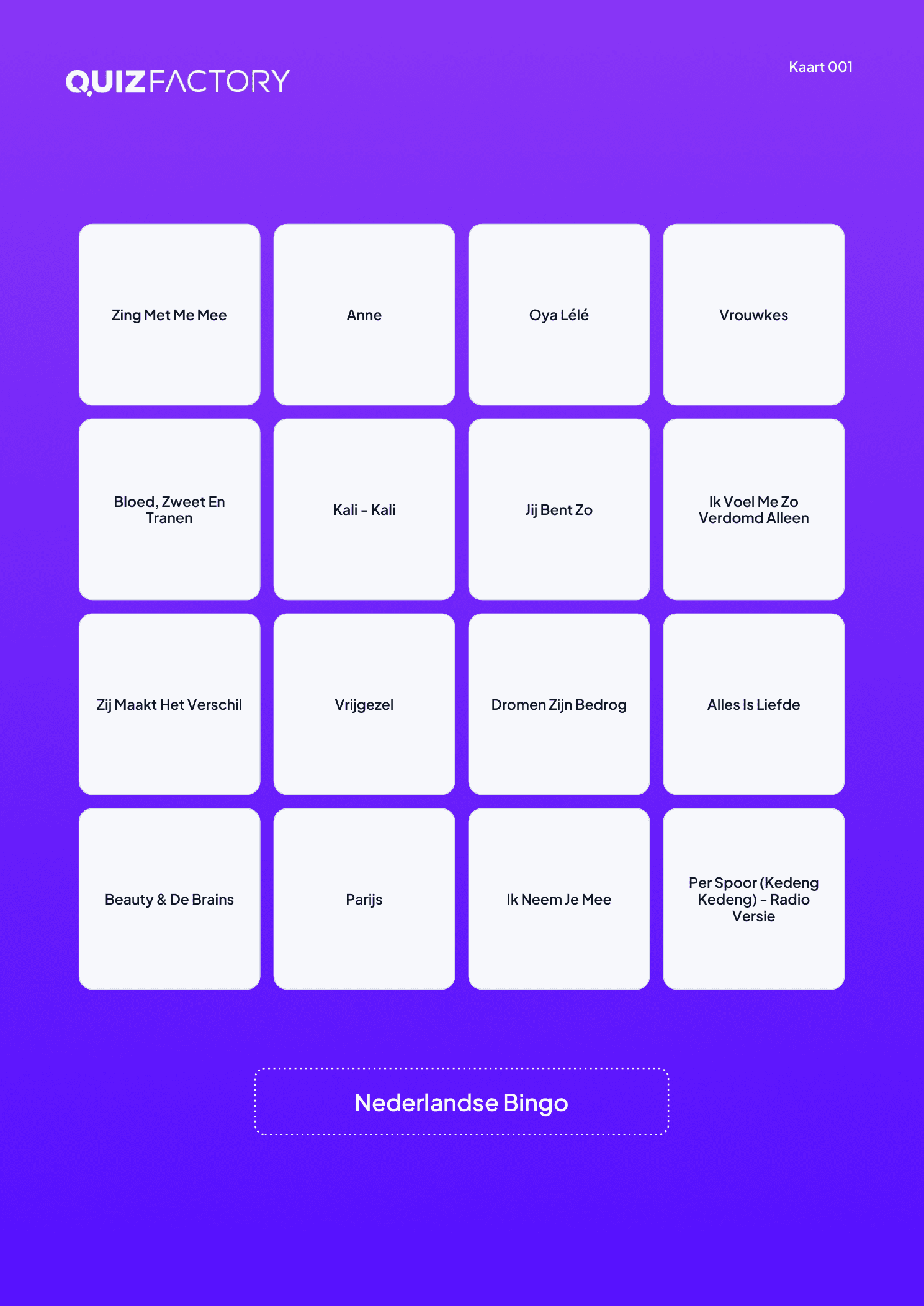 Voorbeeldkaart van Nederlandse Bingo