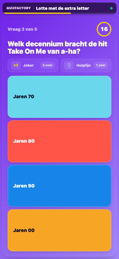 Echt Quizfactory-spelerscherm met antwoorden en joker