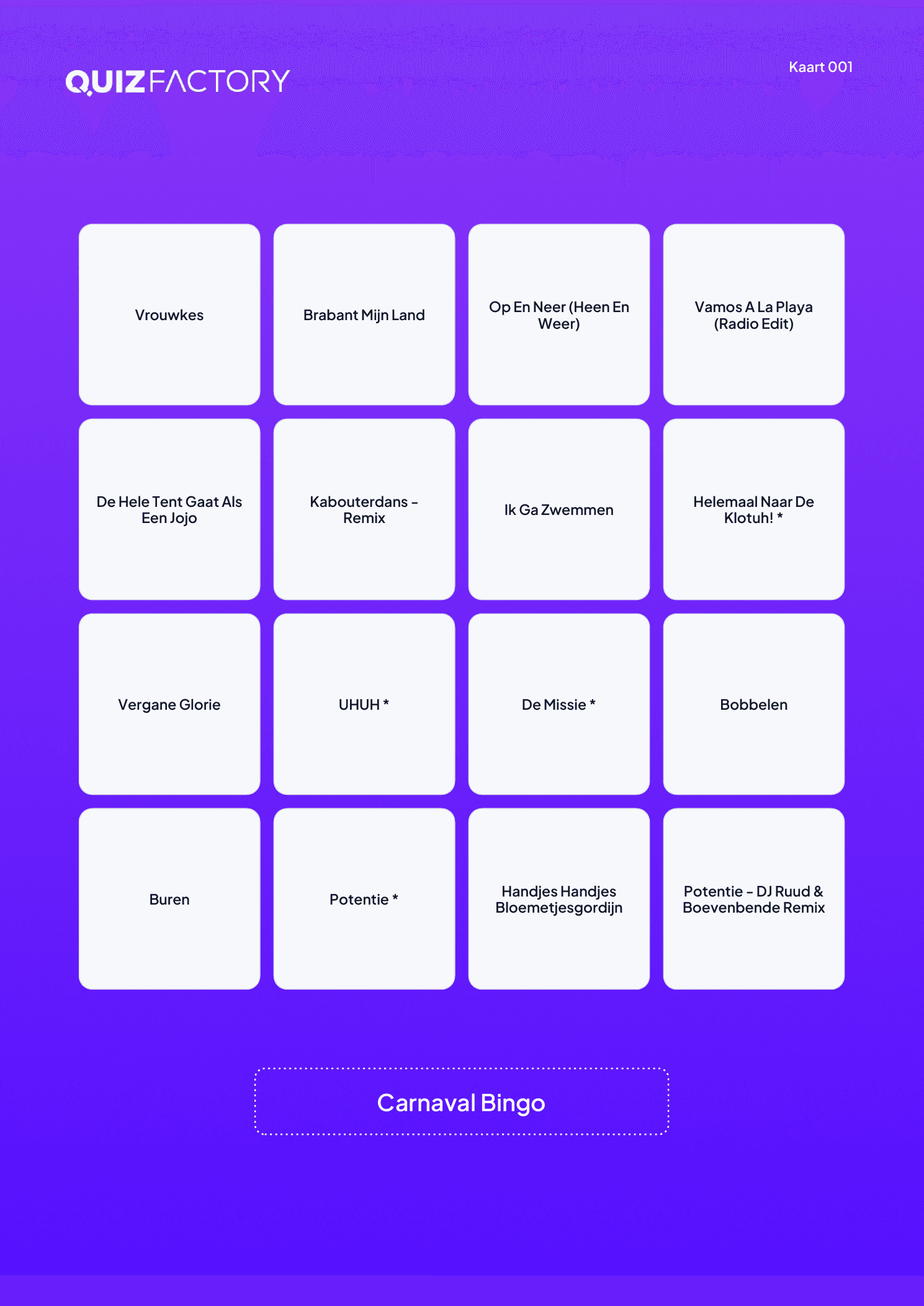 Voorbeeldkaart van Carnaval Bingo