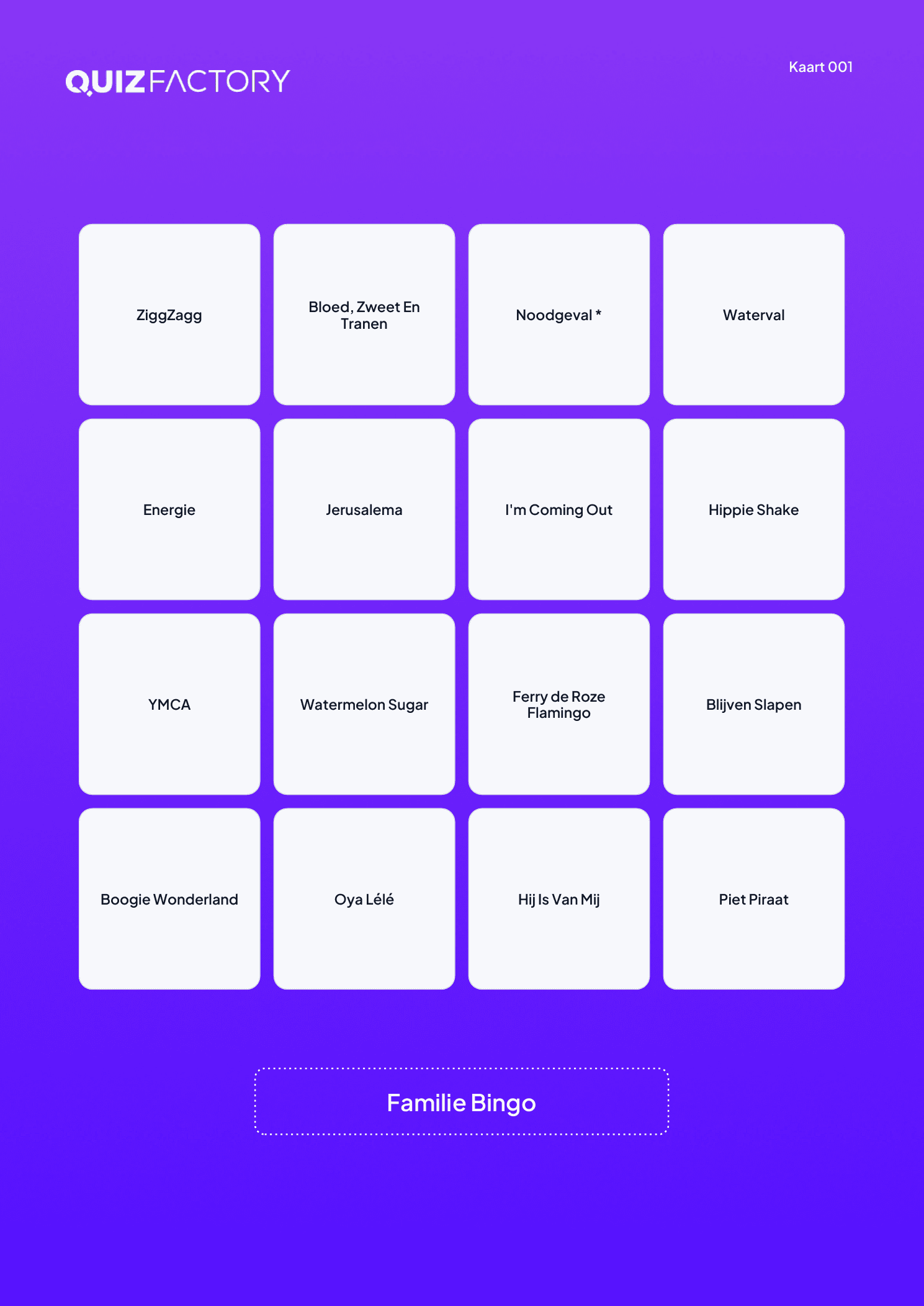 Voorbeeldkaart van Familie Bingo