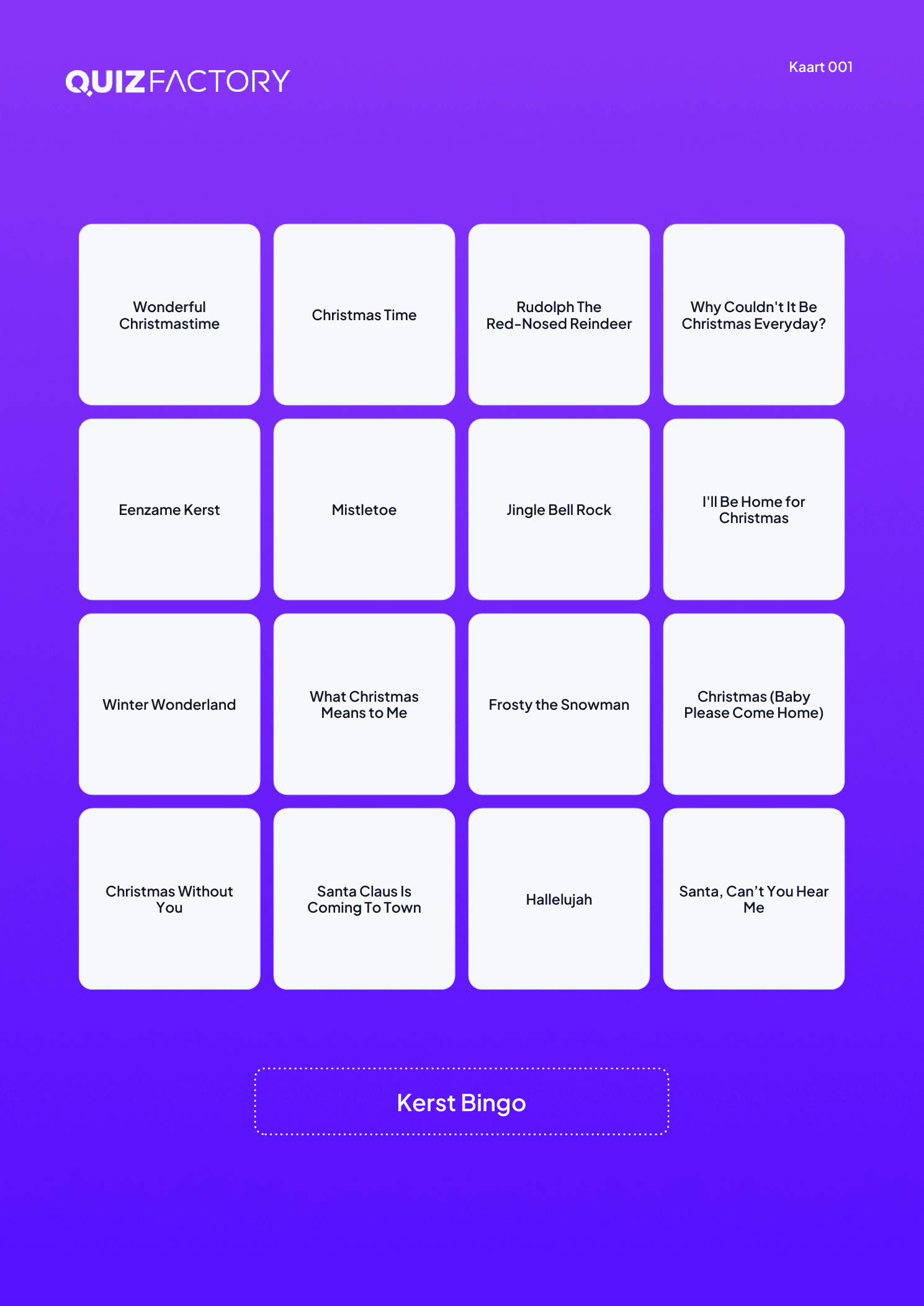 Voorbeeldkaart van Kerst Bingo