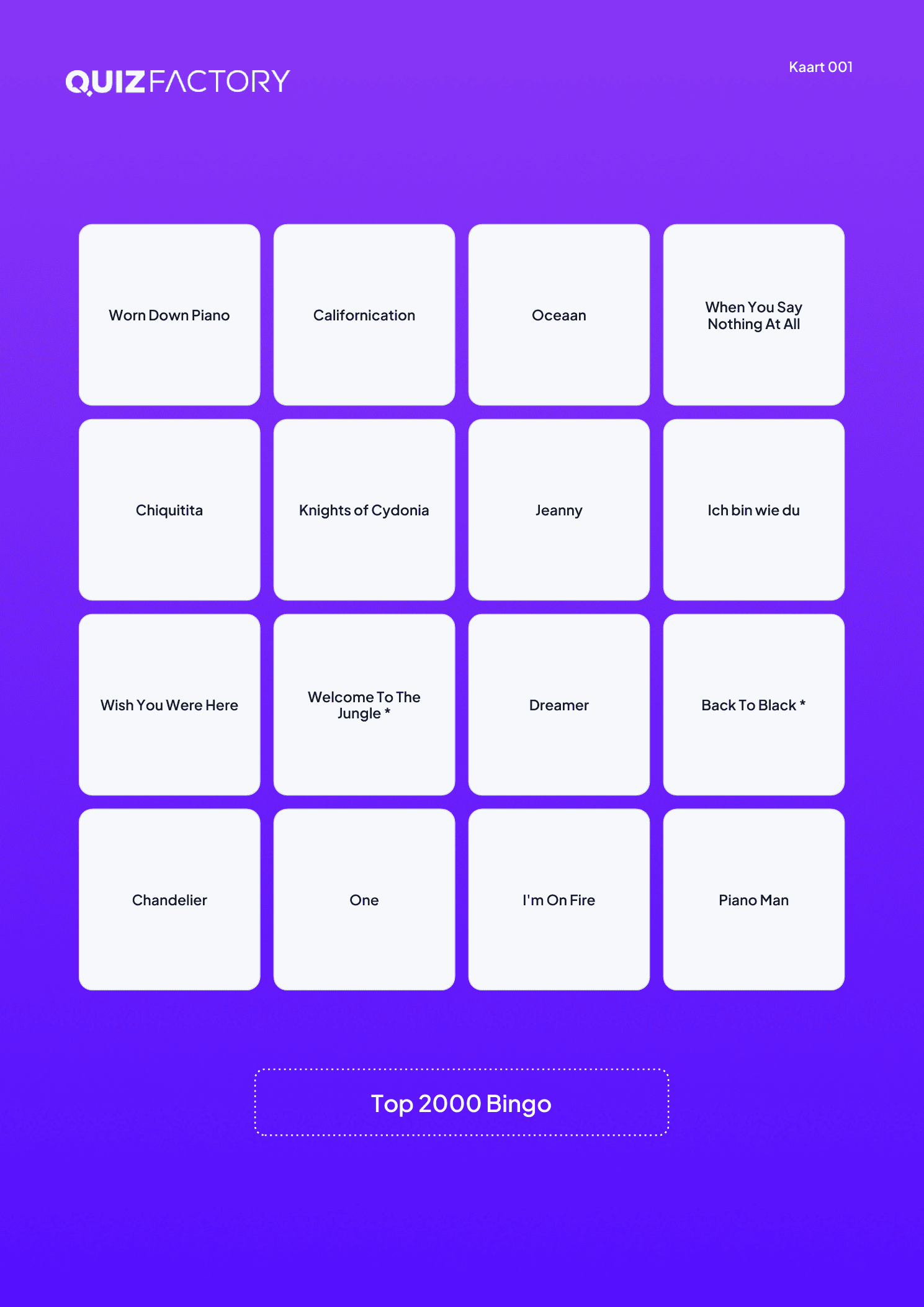 Voorbeeldkaart van Top 2000 Bingo